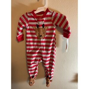 New Carters Baby‎ Boys Red & Gray Fleece Reinderr Sleeper Pajamas Size 6 Months